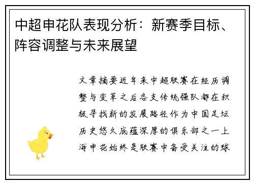 中超申花队表现分析：新赛季目标、阵容调整与未来展望