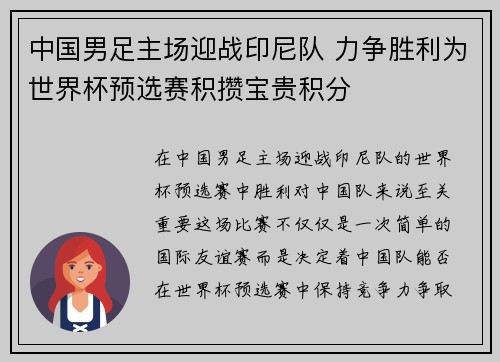 中国男足主场迎战印尼队 力争胜利为世界杯预选赛积攒宝贵积分